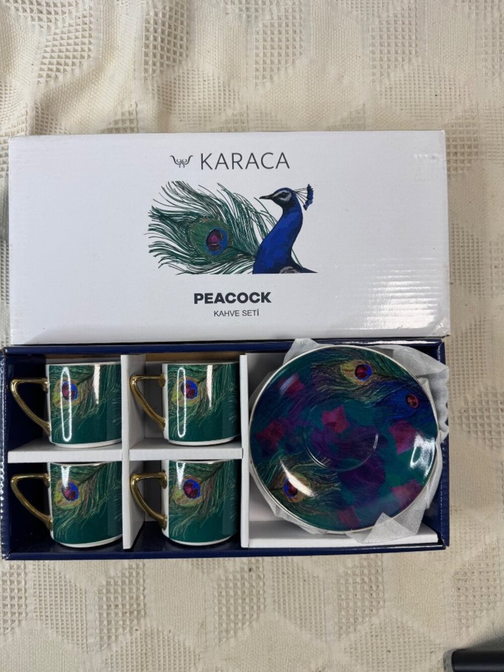 Karaca Peacock Turkish Coffee Set 4 Cups & Saucers Porcelain Peacock Pattern NIB
